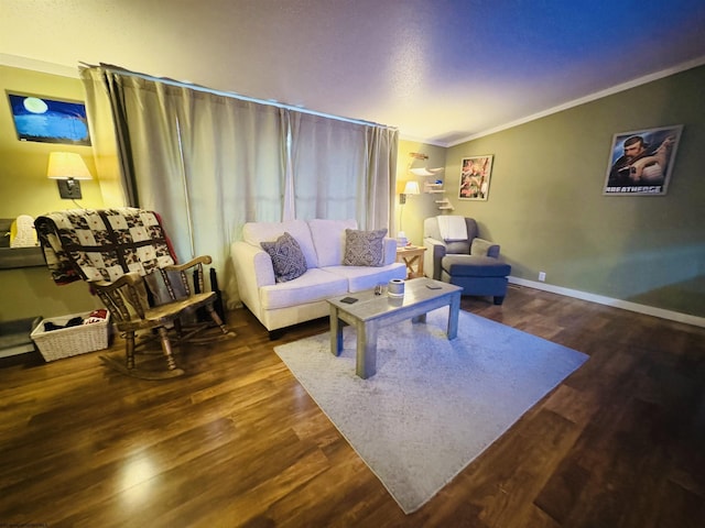 living room featuring dark hardwood / wood-style flooring, ornamental molding, and vaulted ceiling