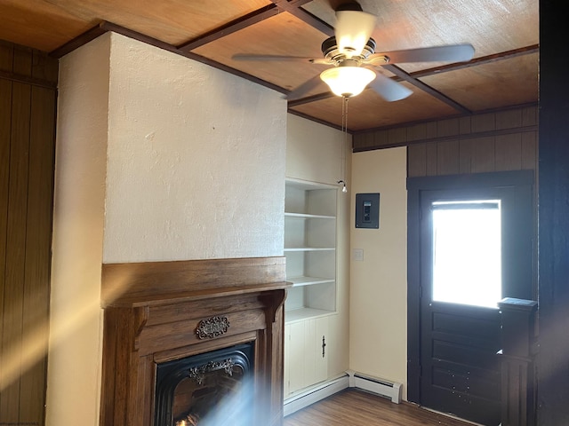 foyer featuring hardwood / wood-style flooring, a baseboard radiator, ceiling fan, and wooden ceiling