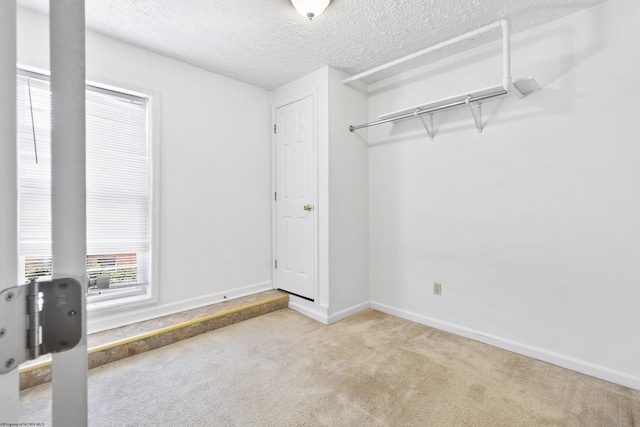 interior space with light carpet, a textured ceiling, and a closet