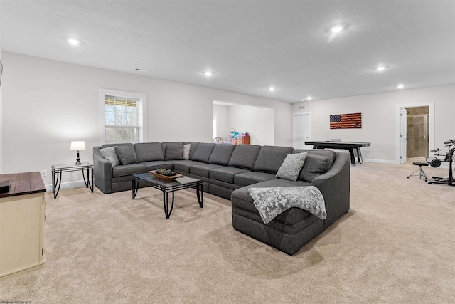 carpeted living room with billiards