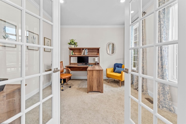 home office with french doors, carpet floors, and ornamental molding