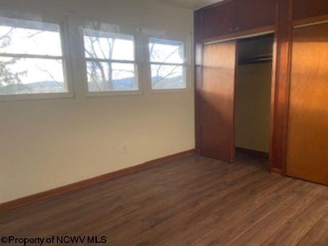 unfurnished bedroom with multiple windows, dark hardwood / wood-style floors, and a closet