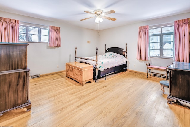 bedroom featuring ceiling fan and light wood-type flooring