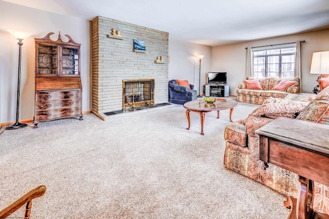 living room with carpet flooring and a brick fireplace