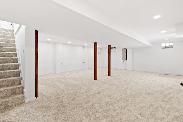 basement featuring light carpet and electric panel