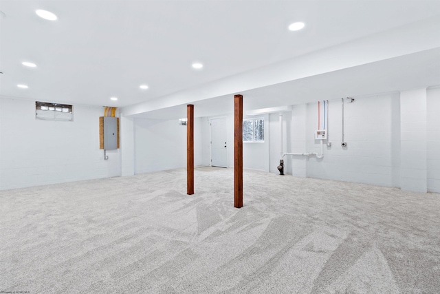 basement featuring light carpet