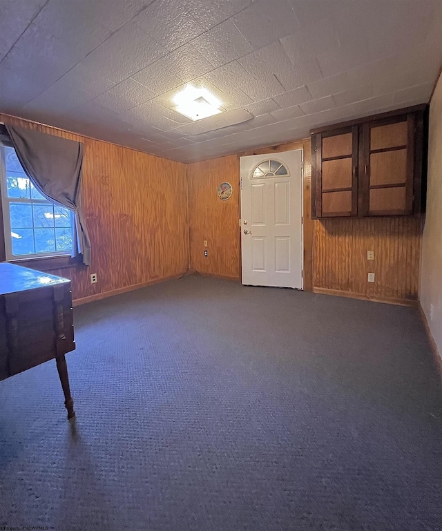 basement featuring wood walls and dark carpet