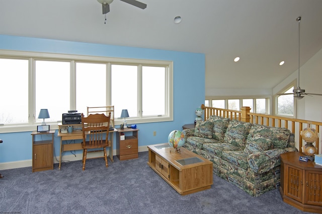 living room featuring ceiling fan, a healthy amount of sunlight, and dark colored carpet