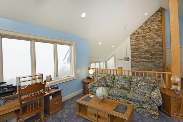 carpeted home office with vaulted ceiling and ceiling fan