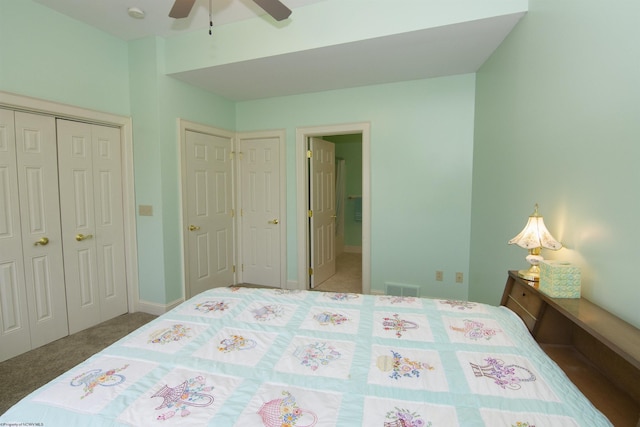 bedroom with carpet flooring, ceiling fan, and a closet