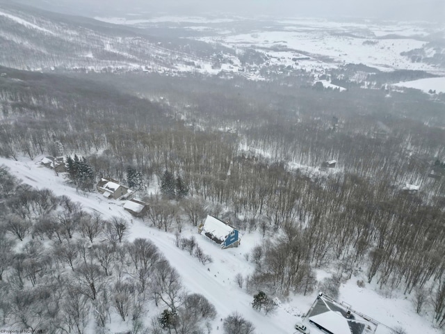 snowy aerial view featuring a mountain view