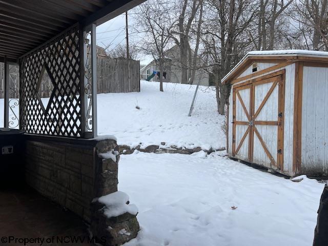 snowy yard with a storage unit