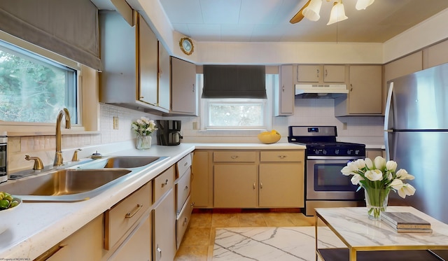 kitchen with decorative backsplash, sink, stainless steel appliances, and a wealth of natural light