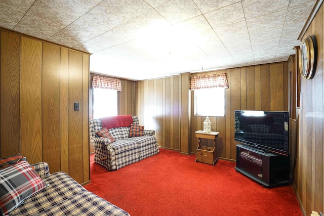 living area featuring carpet floors and wood walls