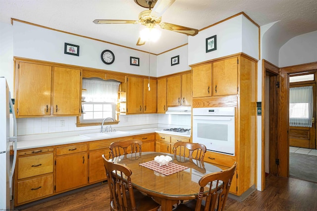 kitchen featuring decorative backsplash, dark hardwood / wood-style flooring, white appliances, and sink