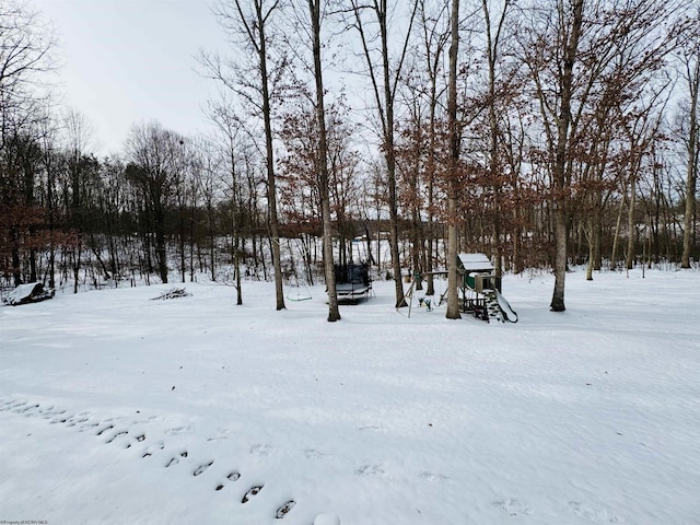 yard covered in snow with a playground