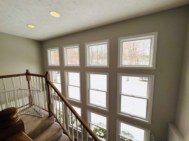 staircase featuring carpet and a textured ceiling