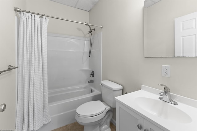 full bathroom with shower / bath combination with curtain, toilet, and vanity