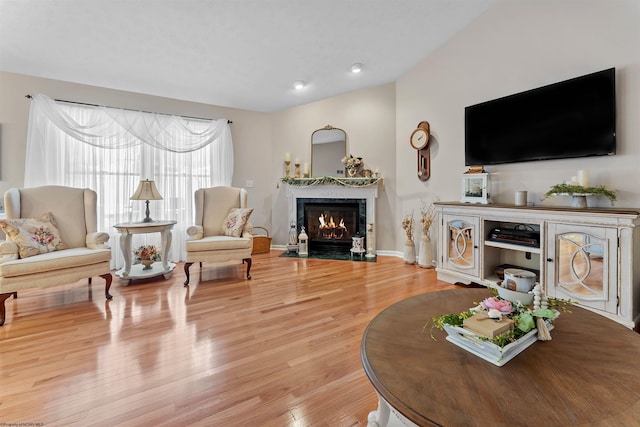 living room with light wood-type flooring and lofted ceiling