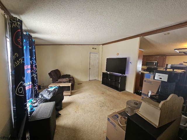 carpeted living room with beamed ceiling and a textured ceiling