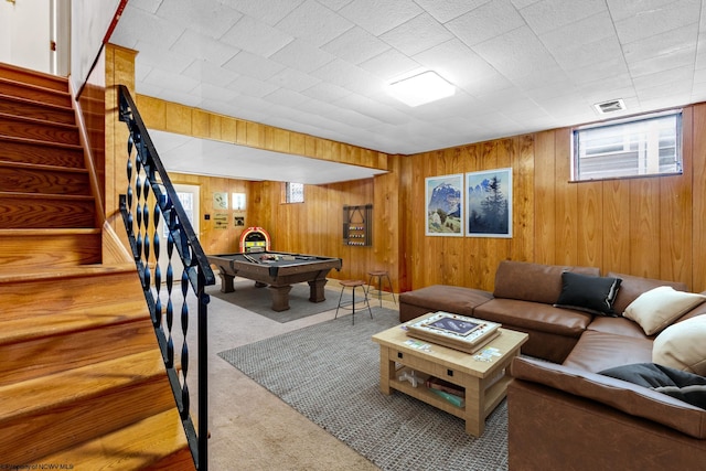 playroom featuring carpet, wood walls, and pool table