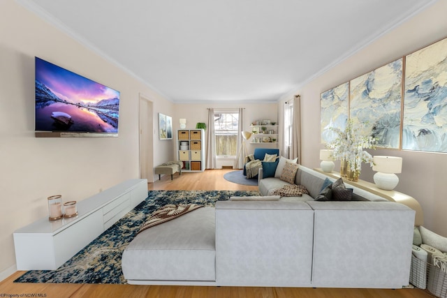 living room featuring light hardwood / wood-style flooring and crown molding