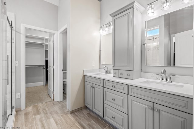 bathroom featuring vanity, hardwood / wood-style flooring, and a shower with shower door