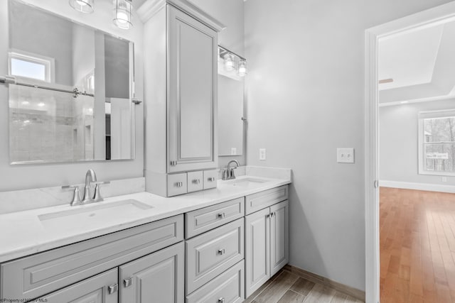 bathroom with vanity, hardwood / wood-style flooring, and a shower with shower door