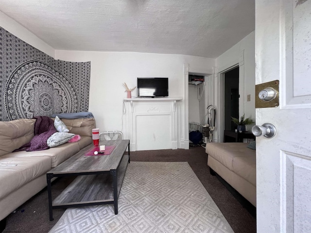 living room with a textured ceiling and light carpet