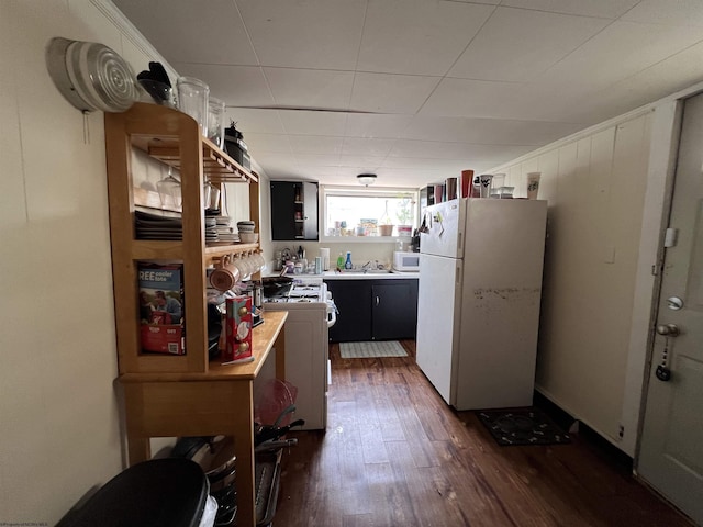 kitchen with dark hardwood / wood-style floors and white appliances