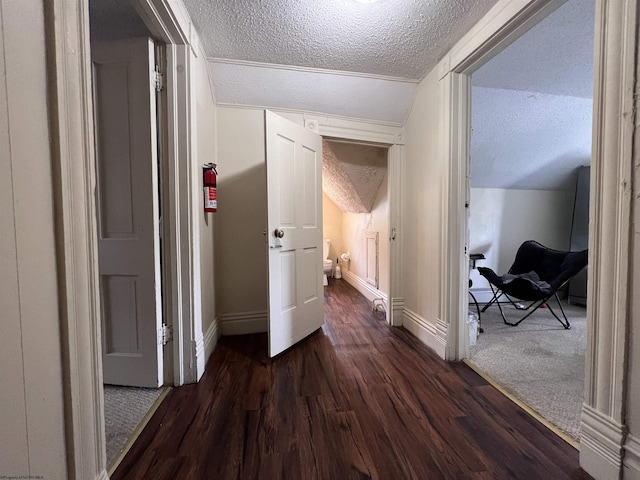 corridor featuring a textured ceiling, dark hardwood / wood-style flooring, and lofted ceiling