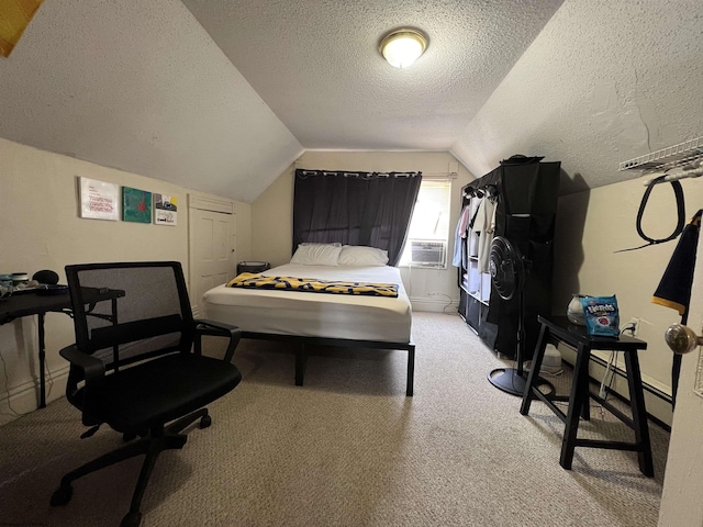 carpeted bedroom featuring lofted ceiling and a textured ceiling