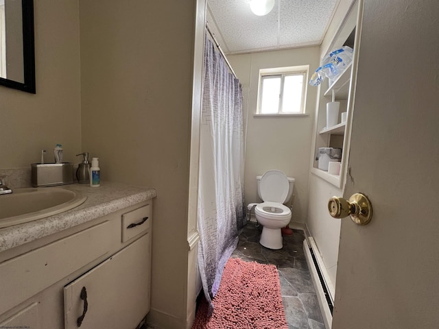 bathroom featuring a textured ceiling, vanity, toilet, and baseboard heating