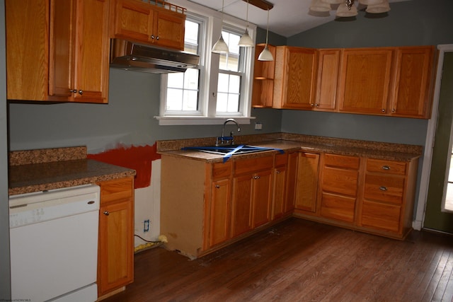 kitchen featuring sink, dark wood-type flooring, hanging light fixtures, white dishwasher, and lofted ceiling