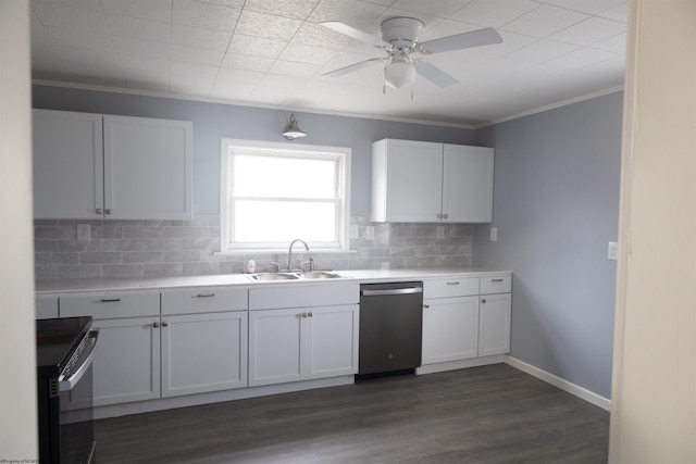 kitchen with backsplash, white cabinets, sink, electric range, and dishwasher