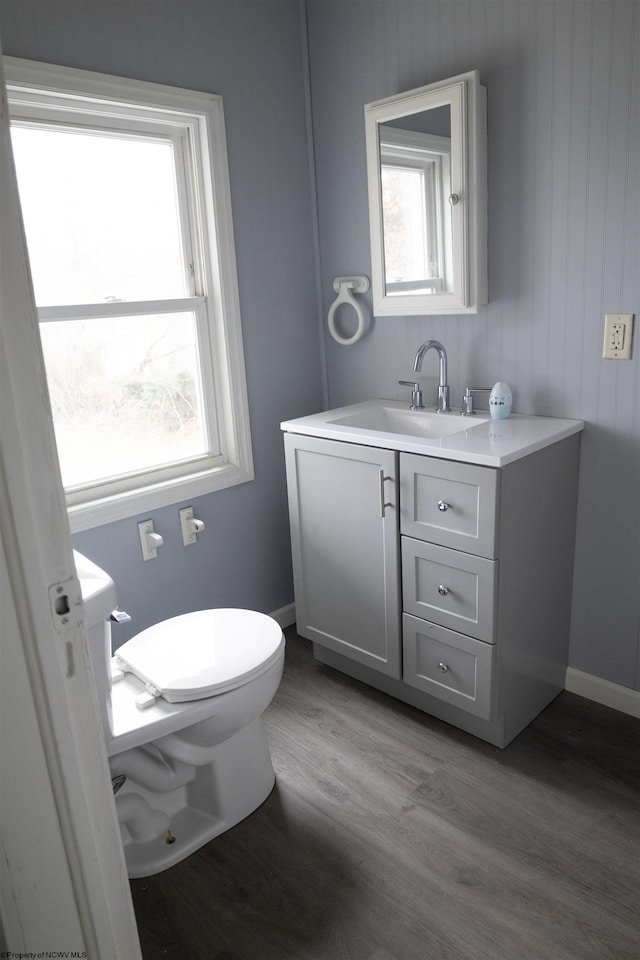 bathroom featuring hardwood / wood-style floors, vanity, and toilet