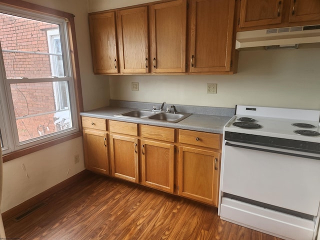 kitchen with sink, dark wood-type flooring, and white electric range