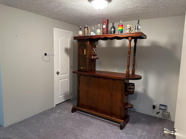 bar with carpet flooring and a textured ceiling