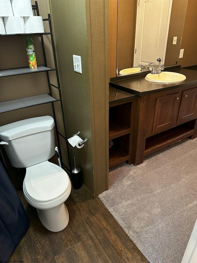 bathroom featuring vanity, hardwood / wood-style flooring, and toilet