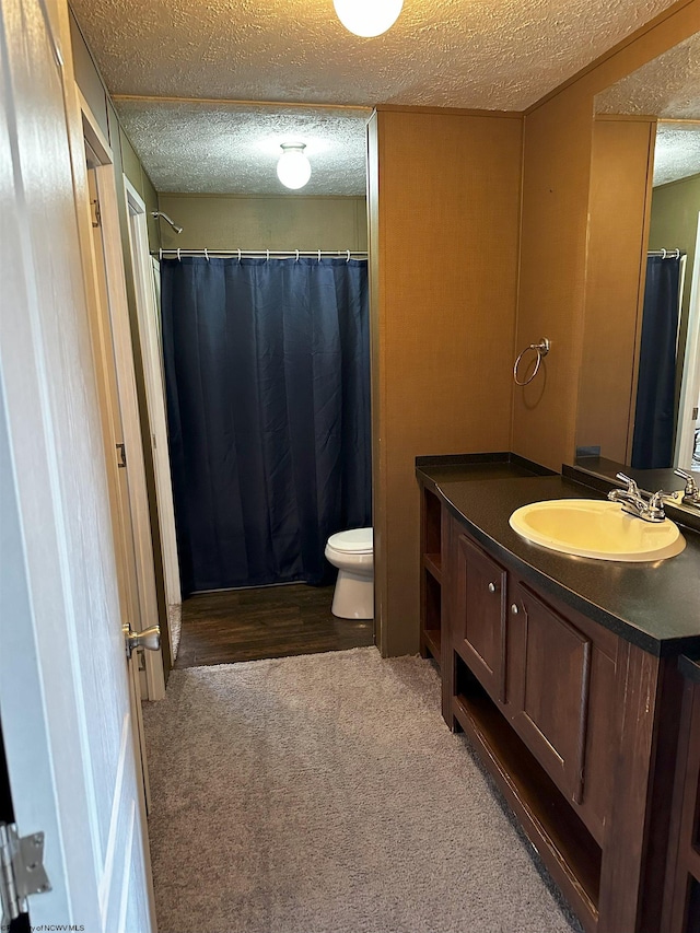 bathroom featuring vanity, toilet, and a textured ceiling