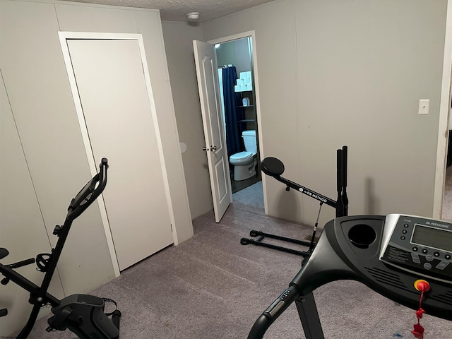 workout room featuring light carpet and a textured ceiling