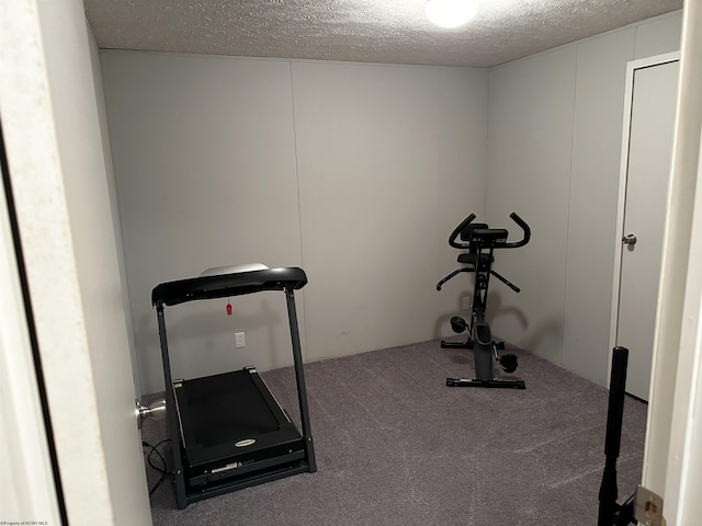 workout room with carpet and a textured ceiling