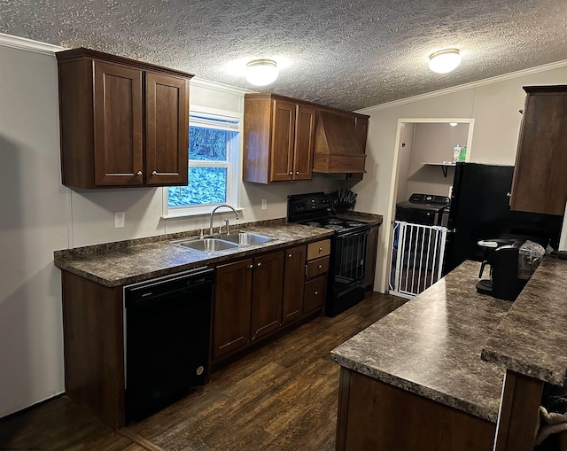 kitchen featuring sink, dark wood-type flooring, crown molding, vaulted ceiling, and black appliances