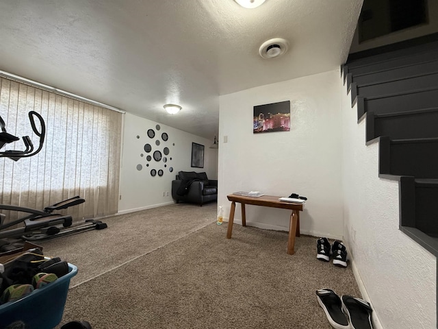 workout room featuring carpet flooring and a textured ceiling