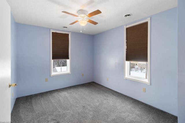 carpeted spare room with a wealth of natural light and ceiling fan