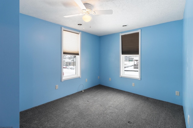 empty room featuring a textured ceiling, carpet floors, ceiling fan, and a healthy amount of sunlight