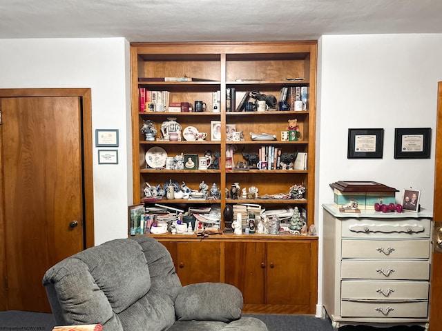 living area featuring a textured ceiling and carpet flooring