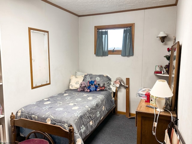 bedroom with dark carpet, a textured ceiling, and crown molding