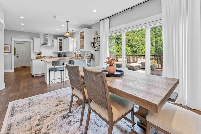 dining space featuring sink and dark hardwood / wood-style floors