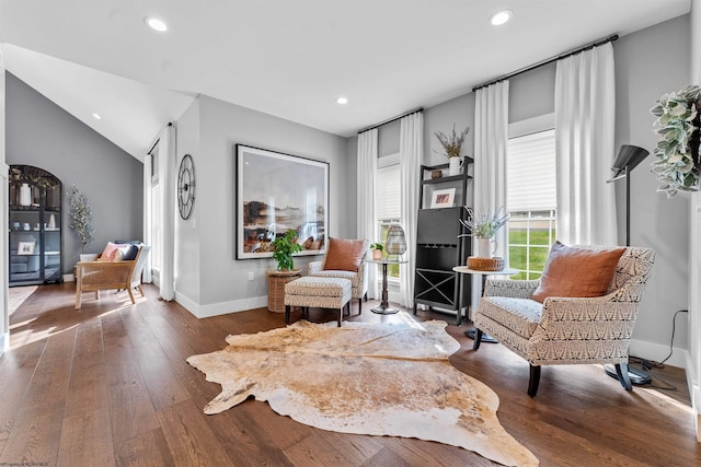 sitting room featuring vaulted ceiling and wood-type flooring